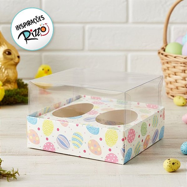 Caixa para 2 Meio Ovos de 50g - Estampa Páscoa Branco - 11x12,7x7,5cm - 5 unidades - Assk - Rizzo