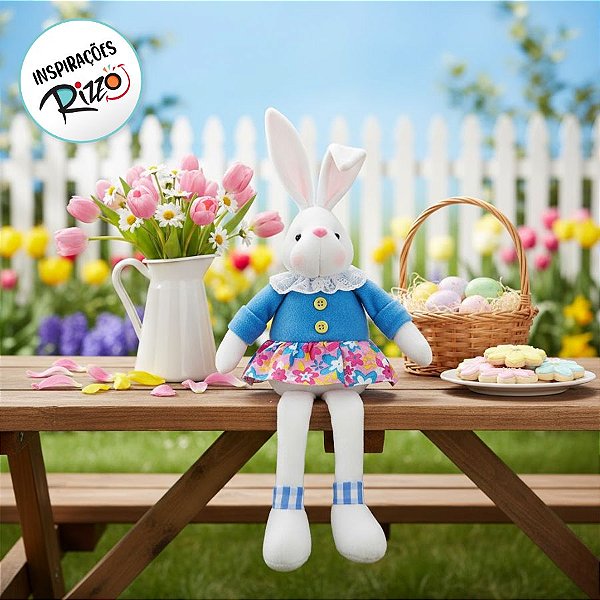 Coelha Decorativa Sentada Vestido Florido Rosa/Azul M - 1 unidade - Cromus - Rizzo