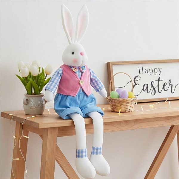 Coelho Decorativo Sentado Colete Rosa/Azul G - 1 unidade - Cromus - Rizzo