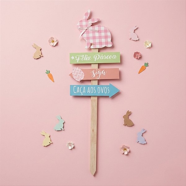 Placa Indicação com Coelho Rosa Azul e Verde - 1 unidade - Cromus - Rizzo