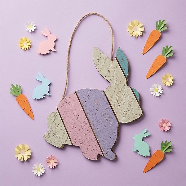 Placa de Coelho de Madeira Sentado Colorido para Pendurar 16 cm - 1 unidade - Rizzo