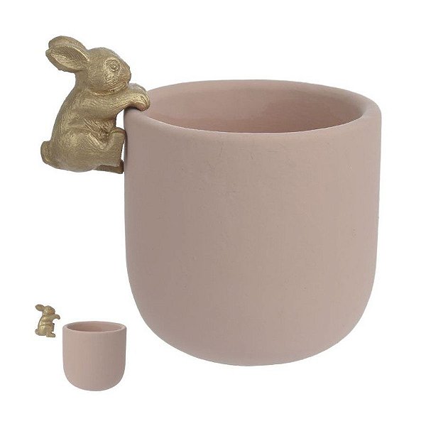 Vaso de Cimento Rosa Bebê com Coelho Dourado - 1 unidade - Rizzo