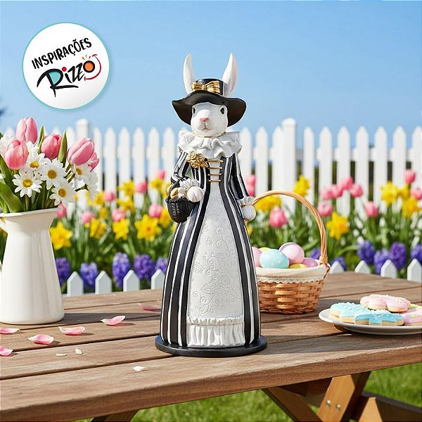 Coelha Decorativa de Resina com Vestido Vitoriano - Black Label (preto/branco) - 1 unidade - Cromus - Rizzo