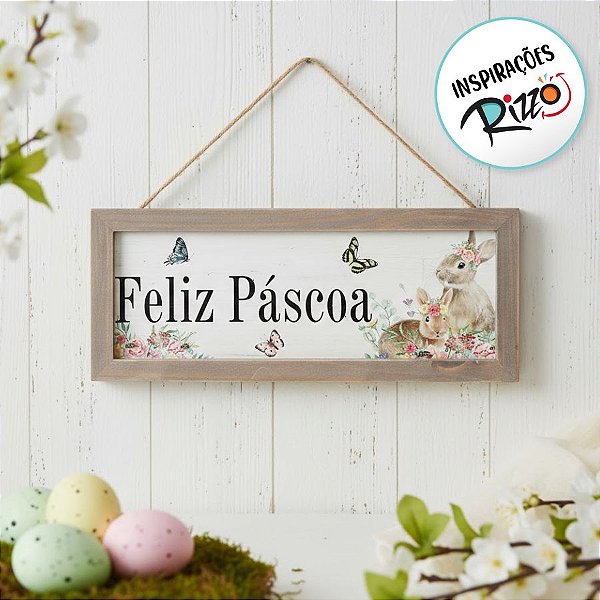 Quadro Retangular de Madeira "Feliz Páscoa" Coelhos com Flores - 1 unidade - Cromus - Rizzo Embalagens
