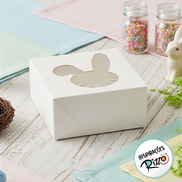 Caixa Quadrada 8x8cm Visor Coelho Rosto com Orelha Caída Branca - 10 unidades - Crystal - Rizzo