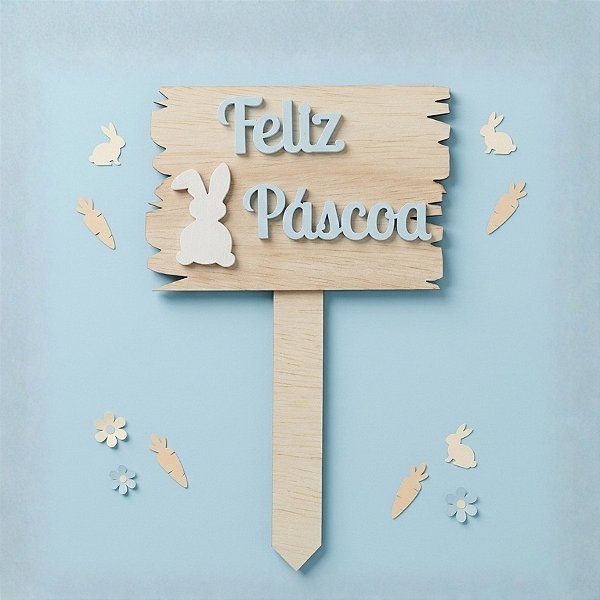 Placa de "Feliz Páscoa" com Coelho - Azul - 1 unidade - Rizzo