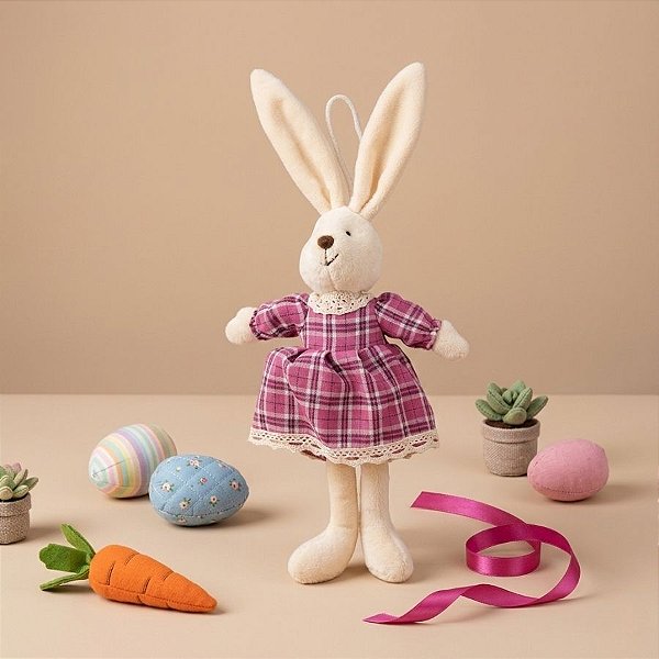 Coelho de Pelúcia com Vestido Xadrez Rosa - 1 unidade - Cromus - Rizzo