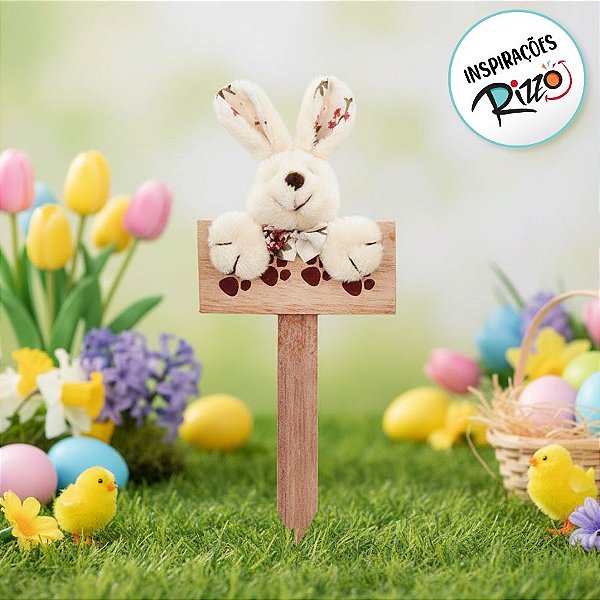 Plaquinha de Páscoa MDF Coelho Floral Mini - Pegadas - Branco - 1 unidade - Cromus - Rizzo Embalagens