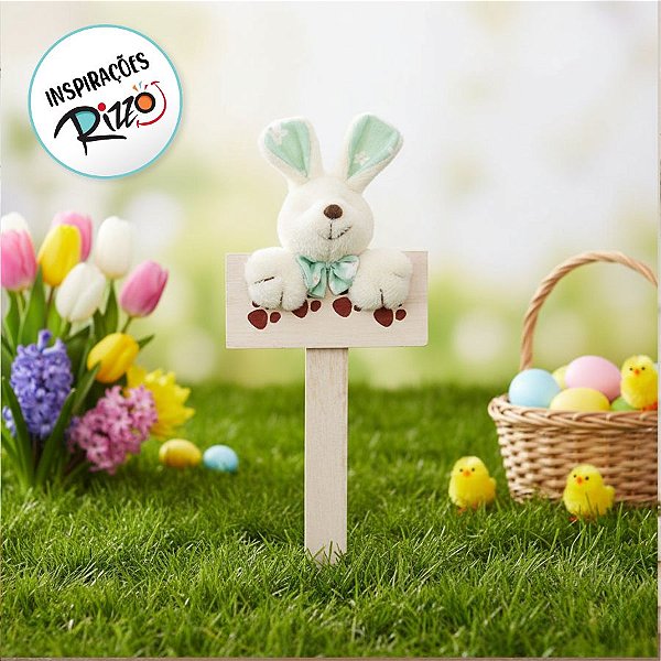 Plaquinha de Páscoa MDF Coelho Florido Mini - Pegadas - Verde - 1 unidade - Cromus - Rizzo Embalagens
