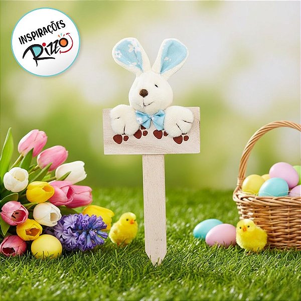 Plaquinha de Páscoa MDF Coelho Florido Mini - Pegadas - Azul - 1 unidade - Cromus - Rizzo Embalagens
