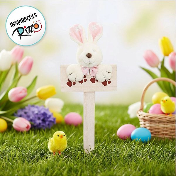 Plaquinha de Páscoa MDF Coelho Florido Mini - Pegadas - Rosa - 1 unidade - Cromus - Rizzo Embalagens