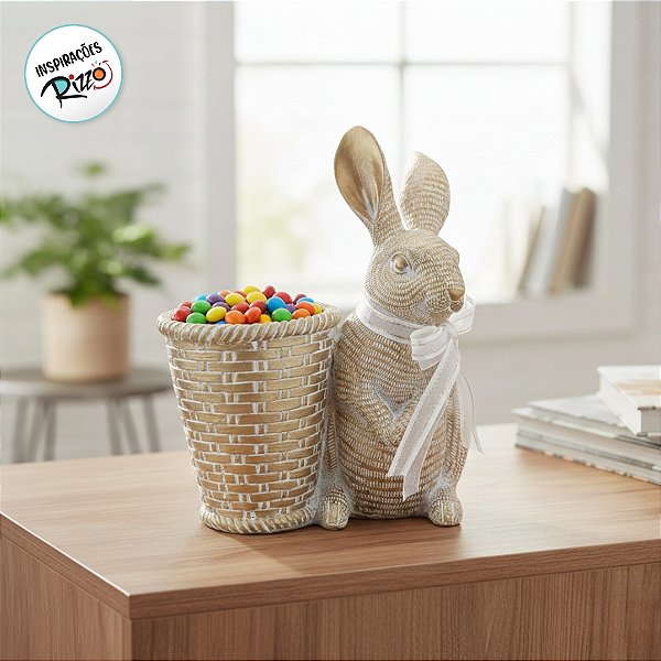 Coelho Decorativo de Resina de Páscoa com  Cesta - 1 unidade - Cromus