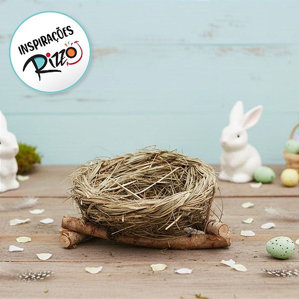 Ninho de Páscoa com Base de Madeira Marrom e Verde Rústico (20cm) - 1 unidade - Cromus - Rizzo Embalagens