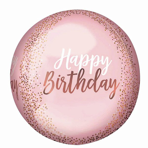 Balão Metalizado Redondo Blush Happy Birthday - 16'' (40cm) - 1 unidade - Cromus - Rizzo Embalagens.