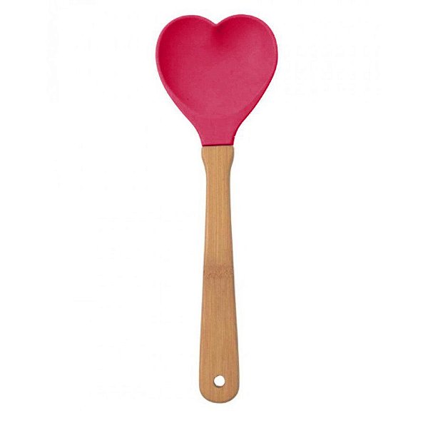 Colher Coração em Silicone 31 cm com Cabo de Madeira - Vermelho Escarlate - 1 unidade - Wellmix - Rizzo Embalagens