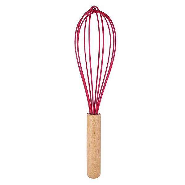 Fouet de Silicone com Cabo de Madeira 26 cm - Vermelho - 1 unidade - Wellmix - Rizzo Embalagens