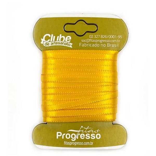 Fita em Cetim - Cor 038 Amarelo Ouro - 10 m x 4 mm - 1 unidade - Fitas Progresso - Rizzo Embalagens