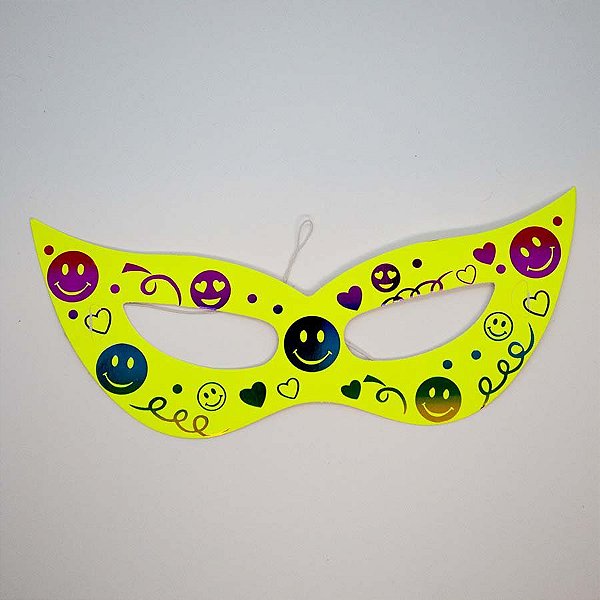 Máscara de Carnaval em Papel - Amarelo - Estampa Emoji - Mod 461 - 12 unidades - Rizzo