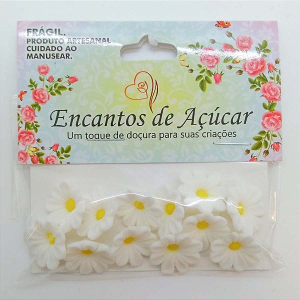 Confeito de Açúcar p/ Acabamento - Flor Margarida Branco/Amarelo - Tamanho G - 1 unidade - 12 Peças - Rizzo