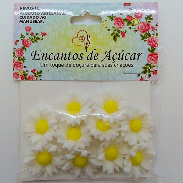 Confeito de Açúcar p/ Acabamento - Flor Girassol Branco/Amarelo - Tamanho M - 1 unidade - 10 Peças - RizzoEncantos de Aç
