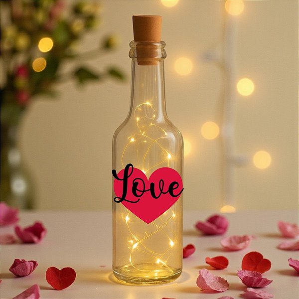 Garrafa Long Neck de Vidro com Rolha LED - Love - 01 unidade - Rizzo Embalagens