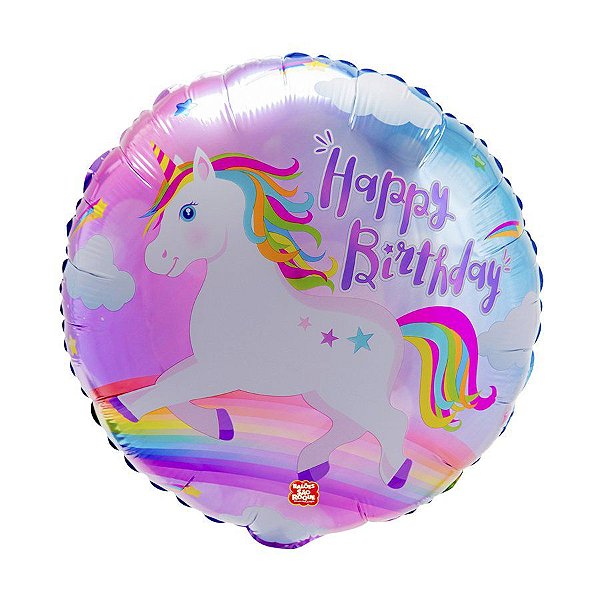 Balão Microfoil Happy Birthday Unicórnio  - 1 unidade - 45cm (18'') - Balões São Roque - Rizzo Embalagens