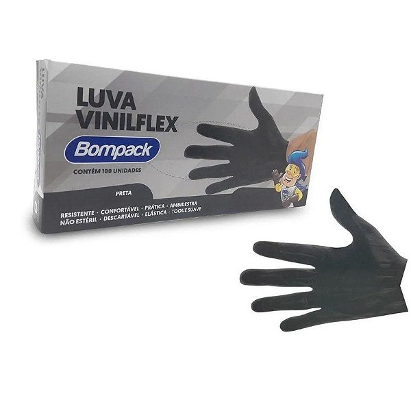 Luva Vinilflex Bompack S/PO Preta P   - 100 unidades - Bompack - Rizzo Embalagens