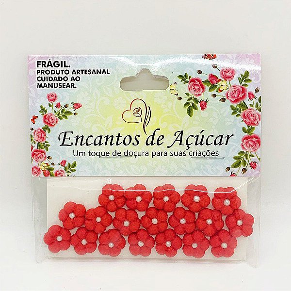 Confeito de Açúcar Flor Vermelha M - 20 Unidades - Encantos de Açúcar - Rizzo