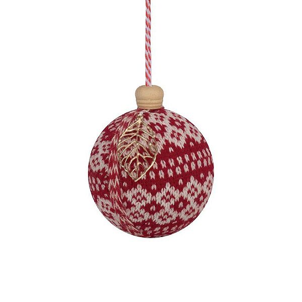 Bola de Natal Tricô Geométrico Vermelho e Branco com Folha Dourada - ø 8 cm - 6 unidades - Cromus - Rizzo