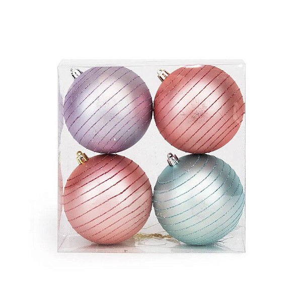 Bola de Natal Fosca com Listras em Glitter Candy Colors - ø 10 cm - 4 unidades - Cromus - Rizzo