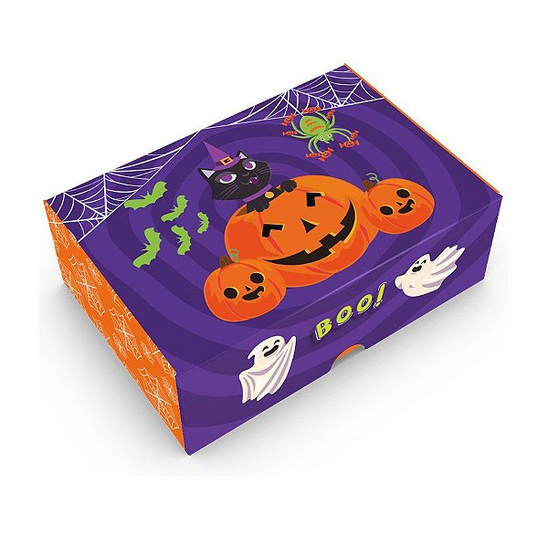 Caixa Tipo Practice Halloween Roxa e Laranja Abóbora e Gatinho - "Boo!" - 10 unidades - Ideia - Rizzo Embalagens