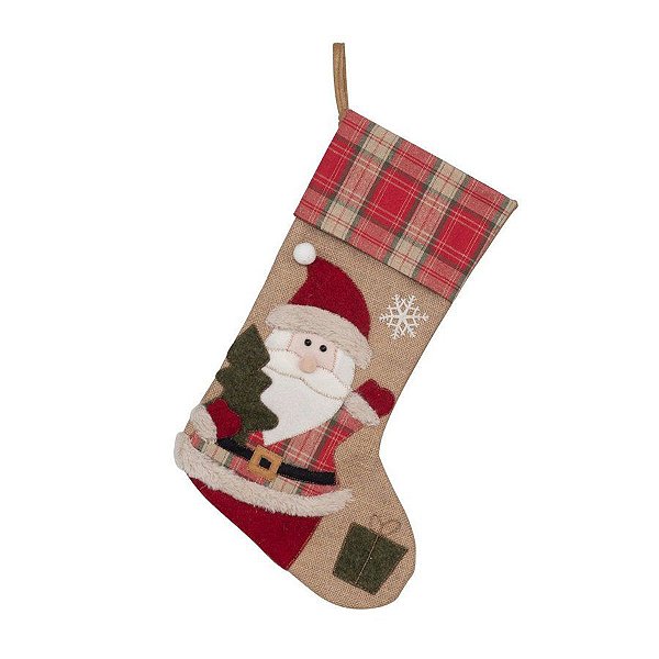 Meia de Natal para Pedurar Juta - "Papai Noel Fofo Xadrez" - 1 unidade - Cromus - Rizzo Embalagens