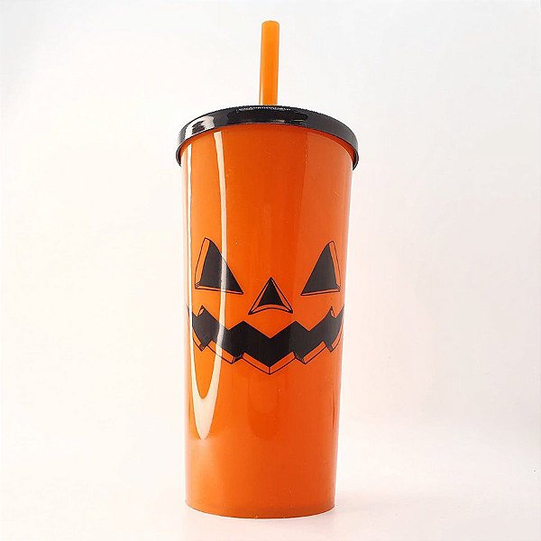 Copo com Tampa e Canudo 600 mL - Abóbora de Halloween - Laranja e Preto - 1 unidade - Rizzo