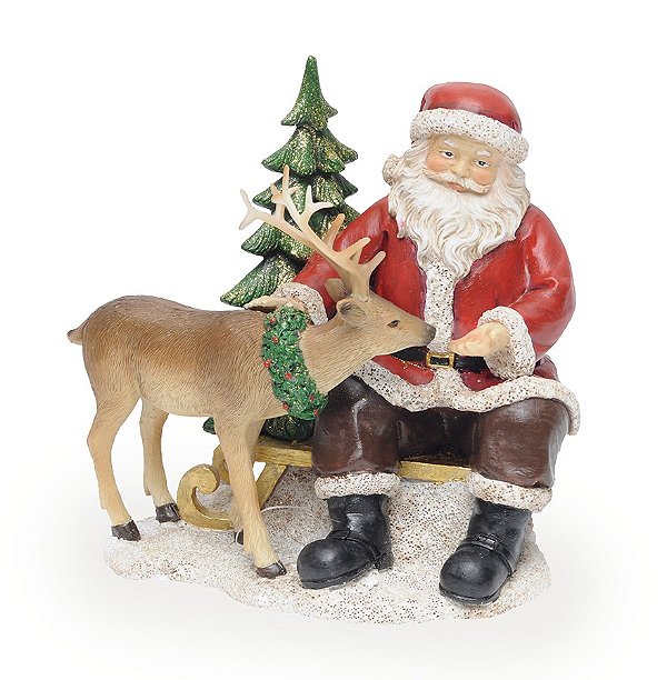 Estátua Papai Noel com Rena em Resina - Cromus Natal - 1 unidade - Rizzo Embalagens