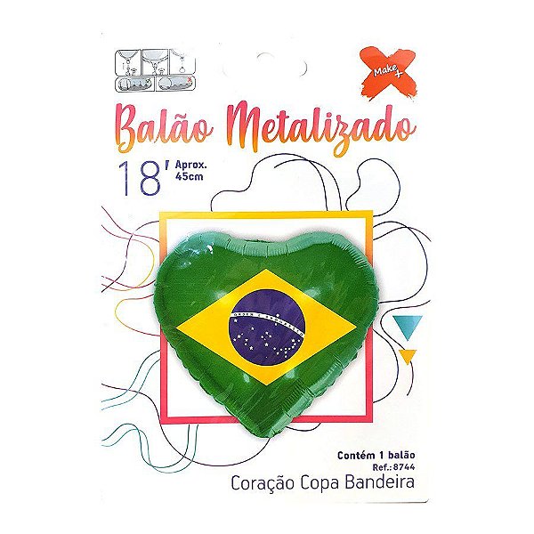 Balão Coração Metalizado Micro Foil 18'' - Festa Brasil Bandeira - Ref. 8744 - 1 unidade - Rizzo