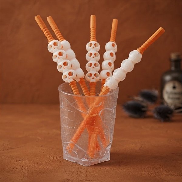 Canudo Decorativo Caveira de Halloween Laranja - 5 unidades - Rizzo