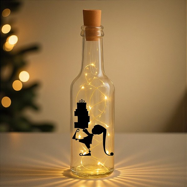 Garrafa de Vidro Long Neck com Rolha LED - Assistente do Papai Noel - 1 unidade - Rizzo