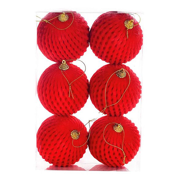 Bolas de Natal PomPom - Listrado Vermelho - 8 cm - 6 unidades - Cromus - Rizzo