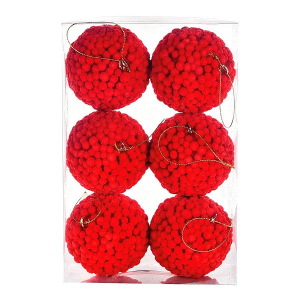 Bolas de Natal PomPom - Vermelho - 8 cm - 6 unidades - Cromus - Rizzo Embalagens