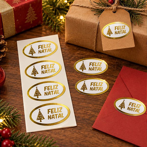 Adesivo "Feliz Natal Oval" - Ref.2053 - Hot Stamping - 100 unidades - Stickr - Rizzo