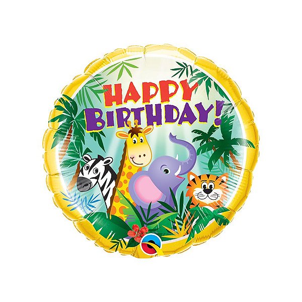 Balão de Festa Microfoil 18" 46cm - Happy Birthday Amigos da Selva - 1 unidade - Qualatex - Rizzo