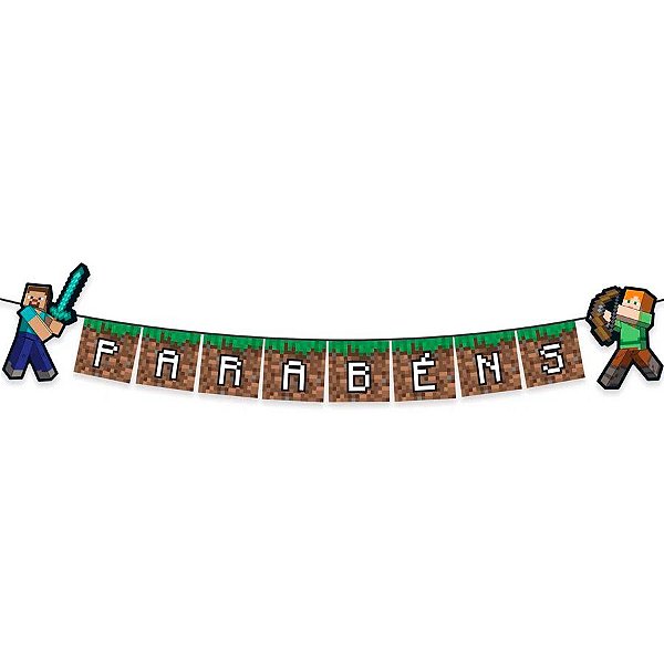Faixa Decorativa "Parabéns" Minecraft - 180 cm x 21 cm - 1 unidade - Cromus - Rizzo