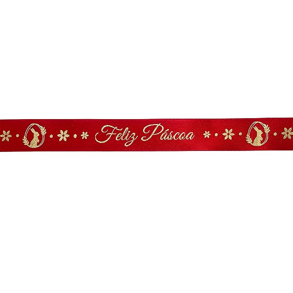 Fita de Cetim 22mm x 10m - Feliz Páscoa - Vermelho ECF005H Cor 903 - 1 unidade - Fitas Progresso - Rizzo