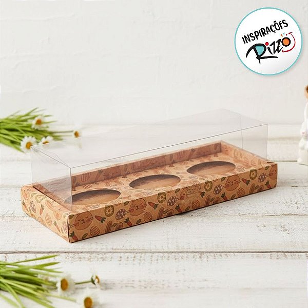 Caixa para 3 Meio Ovos de 50g a 80g em Linha com Moldura - 8x26,3x8cm - Kraft Coelhos - 5 unidades - ASSK