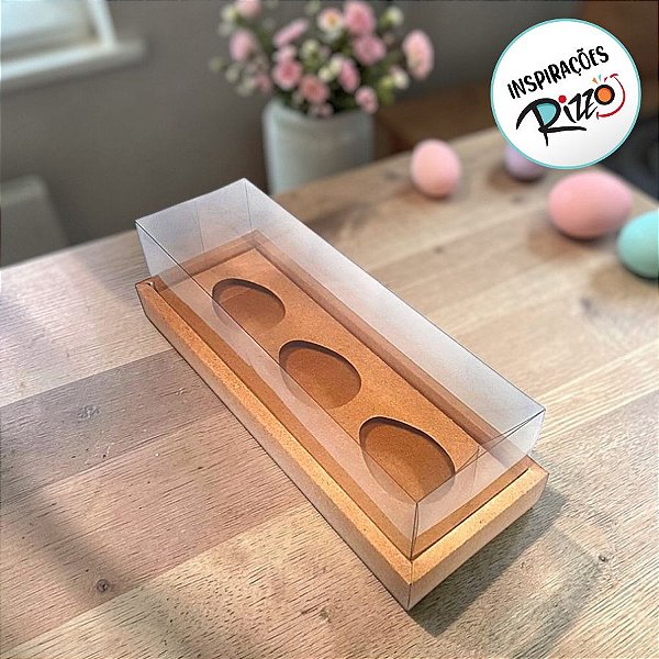 Caixa para 3 Meio Ovos de 50g a 80g em Linha com Moldura - 8x26,3x8cm - Kraft - 5 unidades - ASSK