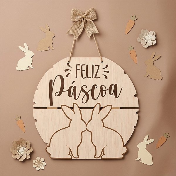 Placa Decorada Feliz Páscoa Com Dois Coelhos - 1 unidade - Grintoy - Rizzo