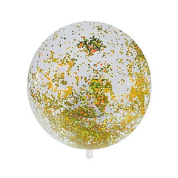 Balão Bubble Transparente com Confete Hexagonal Dourado - 11" 26cm - 1 unidade - PartiuFesta - Rizzo