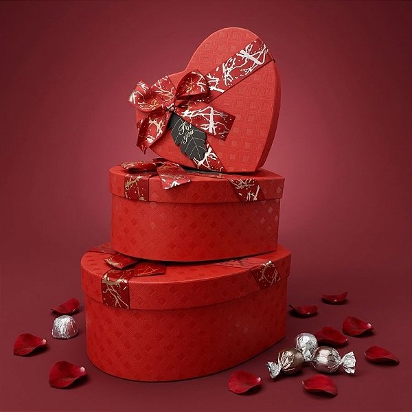 Kit Caixa Papel Rígido Coração Vermelho com Laço - 3 unidades - Rizzo