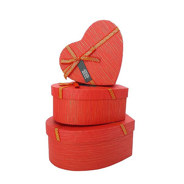 Kit Caixa Papel Rígido Coração Vermelho com Laço - 3 unidades - Rizzo