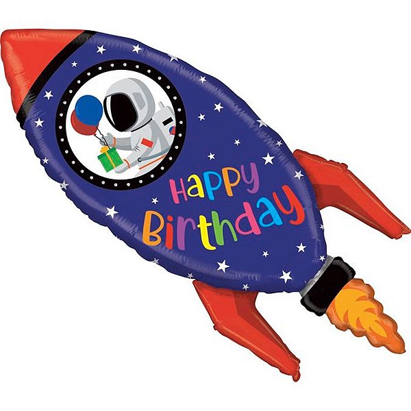 Balão de Festa Metalizado 40'' 101cm - Birthday Rocket - 1 unidade - Grabo - Rizzo
